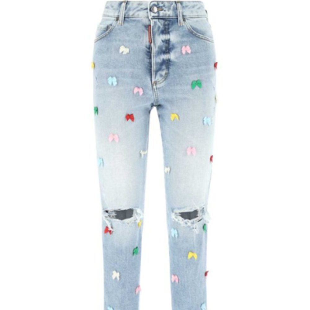 NWOT $1160 38 4 DSQUARED2 Boston Straight Leg Distressed Bow Detail Blue Jeans